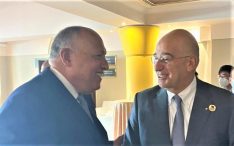 Εγκάρδια συνάντηση του Έλληνα ΥΠΕΞ Ν. Δένδια με τον Αιγύπτιο ομόλογό του Σ. Σούκρι στη Διάσκεψη της Λιβύης